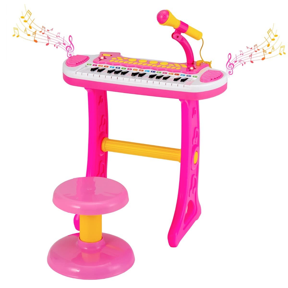 CostwayPiano pour Enfants de 3+ Ans avec 31 Touches Tabouret Microphone Effets Lumineux 8 Tonalités 7 Rythmes 45x23x45cm Rose
