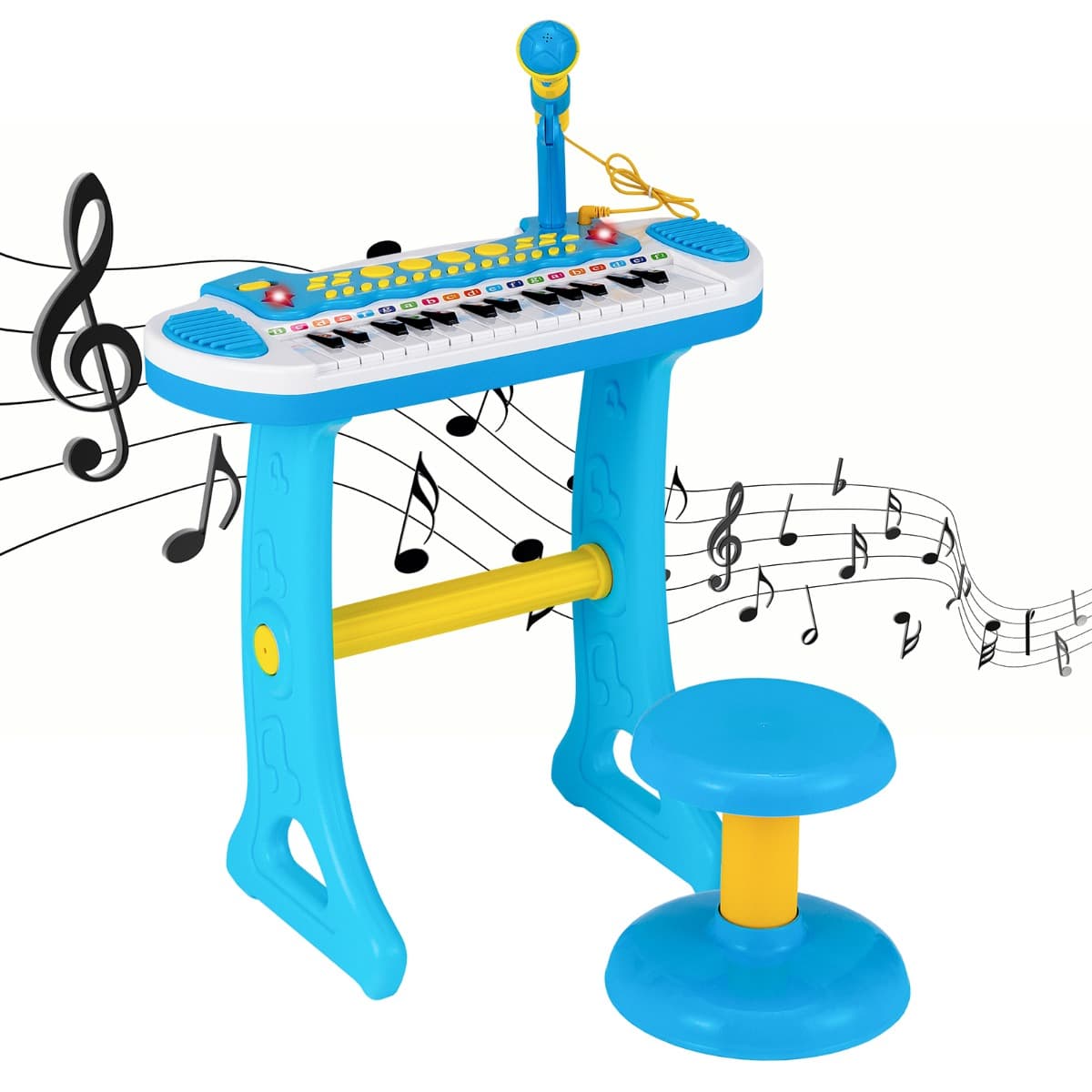 CostwayPiano pour Enfants de 3+ Ans avec 31 Touches Tabouret Microphone Effets Lumineux 8 Tonalités 7 Rythmes 45x23x45cm Bleu