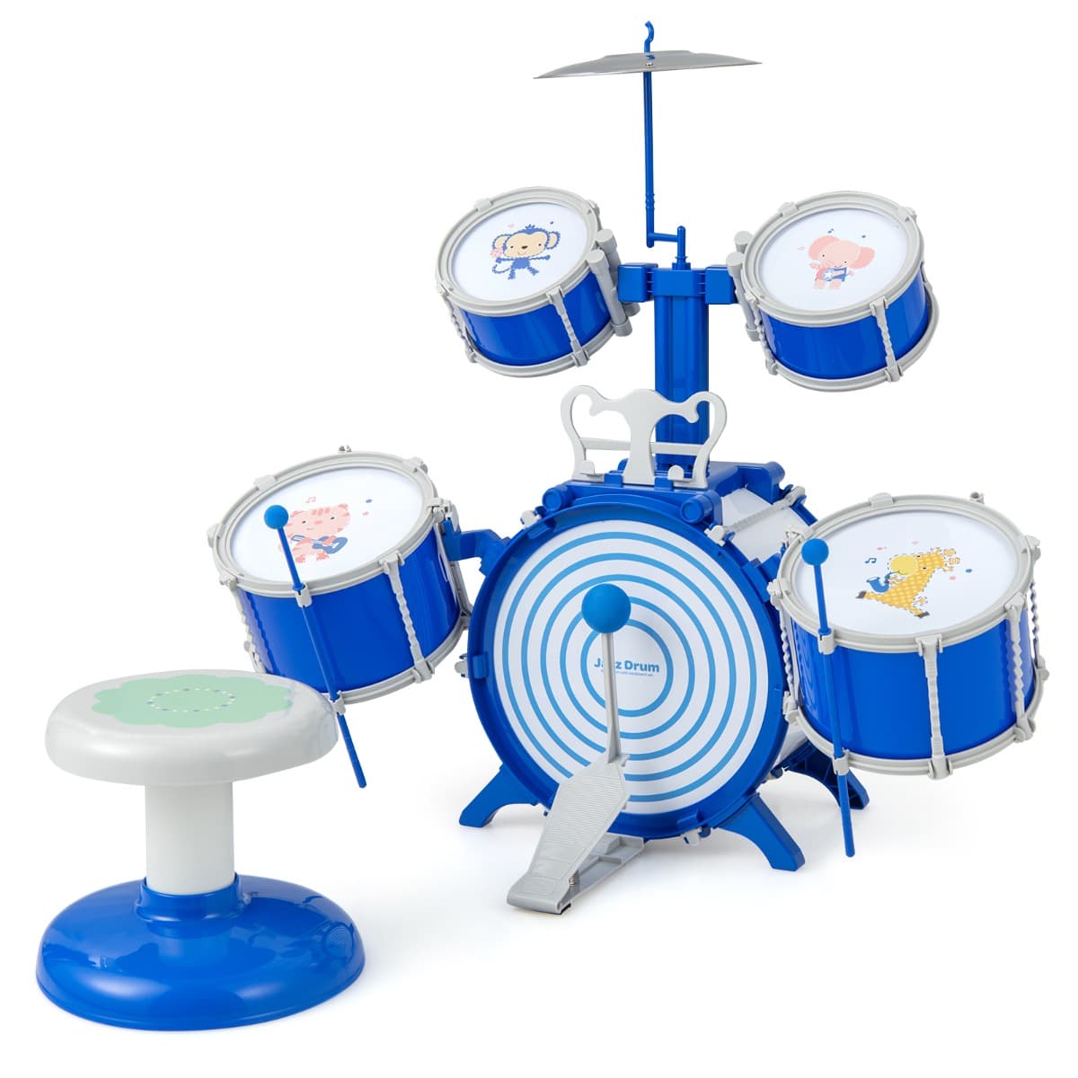 CostwayEnsemble de Batterie de Jazz pour Enfants Grosse Caisse 2 Caisses Centrales 2 Caisses Claires Cymbale Baguettes Pédale pour Les 3 Ans et Plus